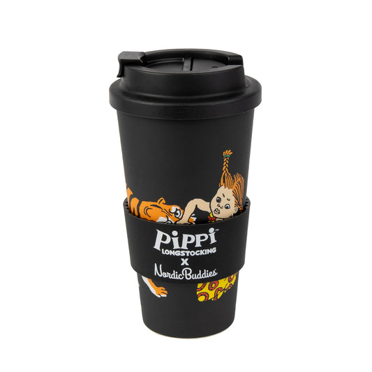 Pippi Longstocking black biodegradable take-away mug front view | Moomin by Nordicbuddies