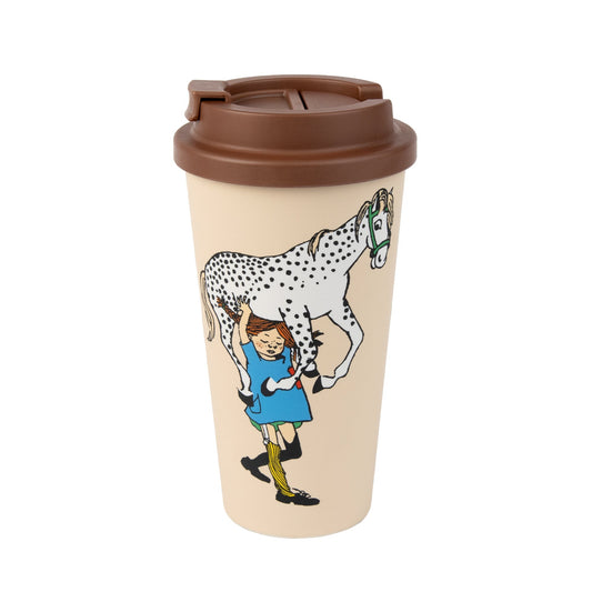 Pippi Longstocking beige eco-friendly travel mug back view with lid | Moomin by Nordicbuddies
