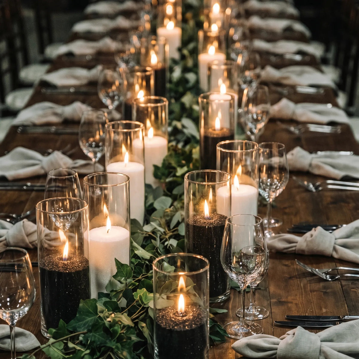 Large elegant dining table beautifully set for a dinner party with a glowing Black glass sand candle at each place setting