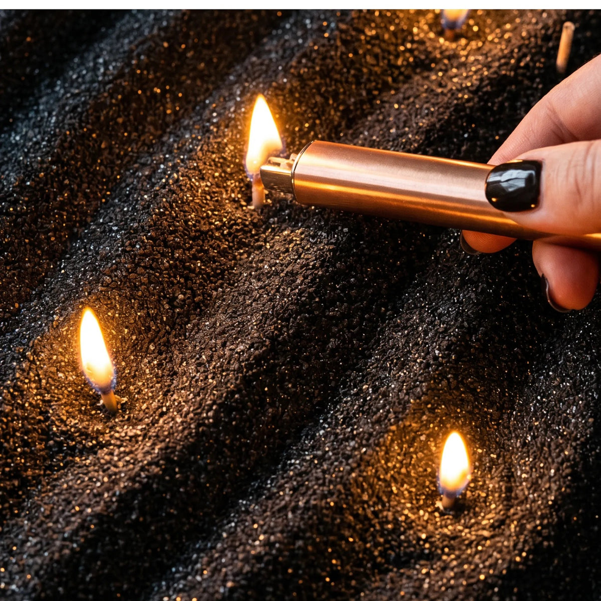 Close-up of a woman's hand lighting the cotton wick of a Black pearled sand candle