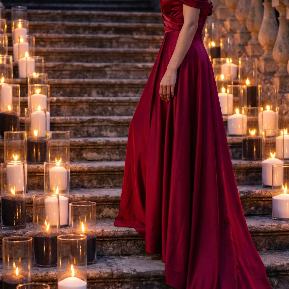 Elegantly dressed woman walking up a grand staircase softly illuminated by multiple glowing glass sand candles