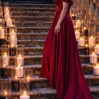 Elegantly dressed woman walking up a grand staircase softly illuminated by multiple glowing glass sand candles