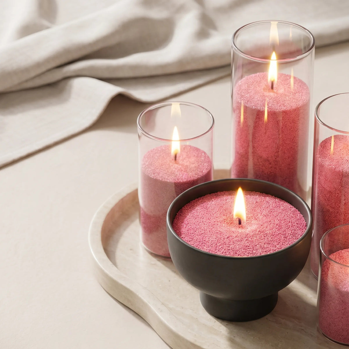 Top view of glass vases of various heights filled with burning Blush Vintage pearled candle