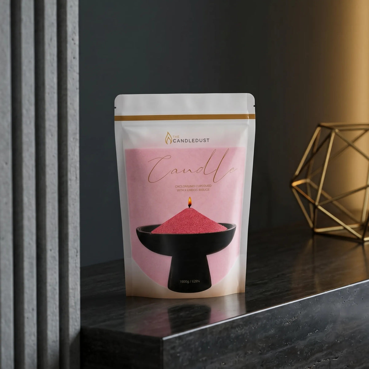 Candledust Blush Vintage unscented pearled candle sand in a 1kg resealable refill pouch on a elegant countertop