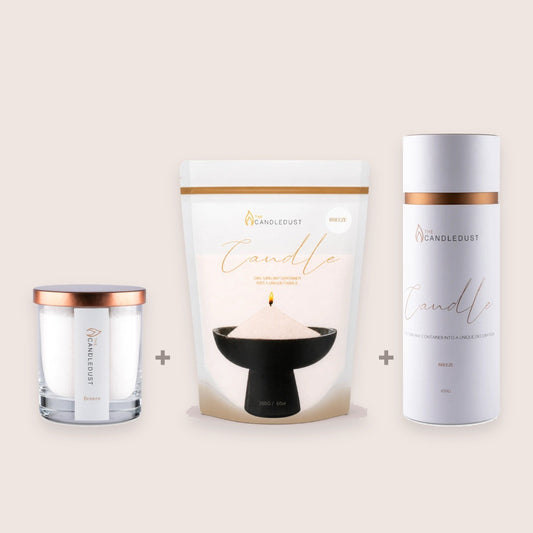Candledust Breeze Size Trio set including a 160g glass candle, 350g refill pouch, and 650g tube