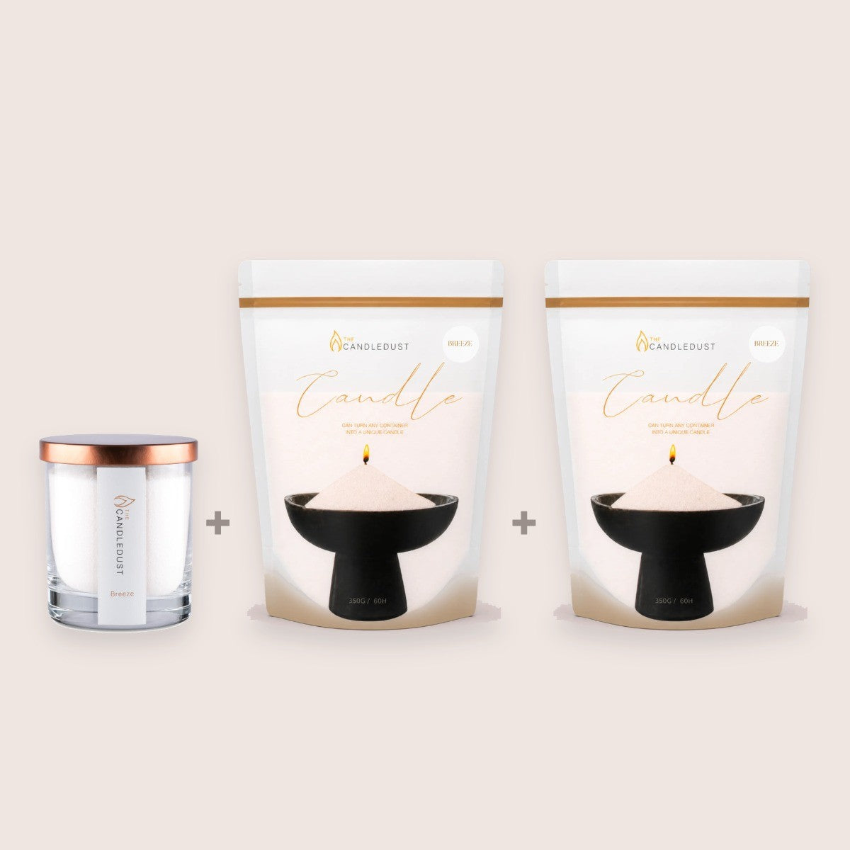 Candledust Breeze Starter Set including a 160g glass candle and two 350g pearled candle sand refill pouches