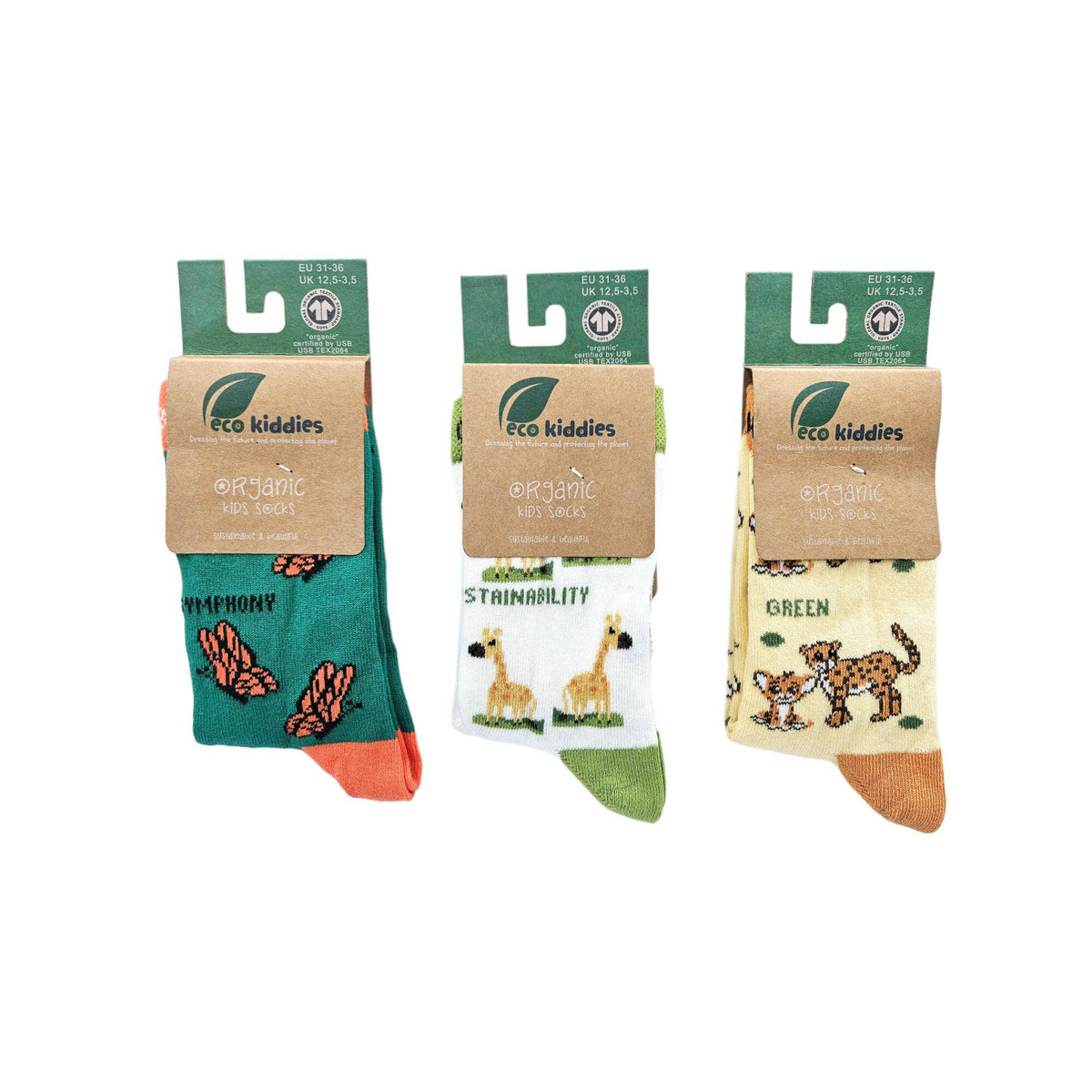 Complete 3-pack bundle set of GOTS organic cotton kids socks featuring butterfly, cheetah, and giraffe designs | Eco Kiddies
