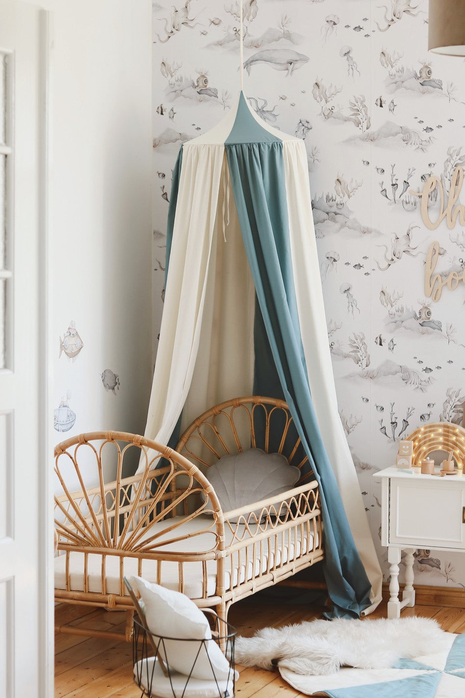 Moi Mili Blue Circus Canopy - Striped organic cotton and linen bed canopy