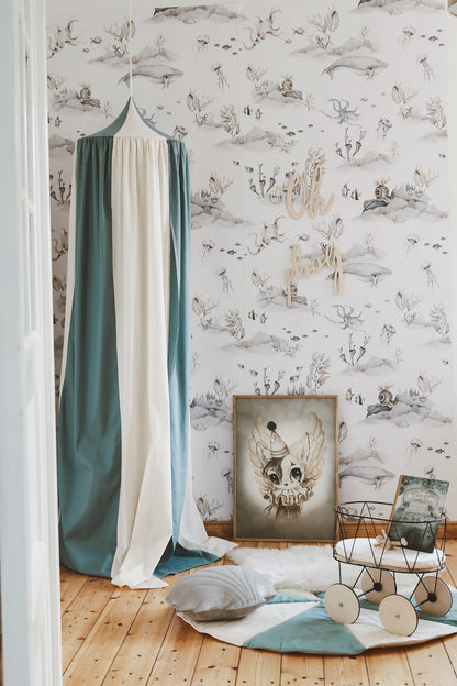Playroom magic: Blue Circus striped canopy used as a secret play space
