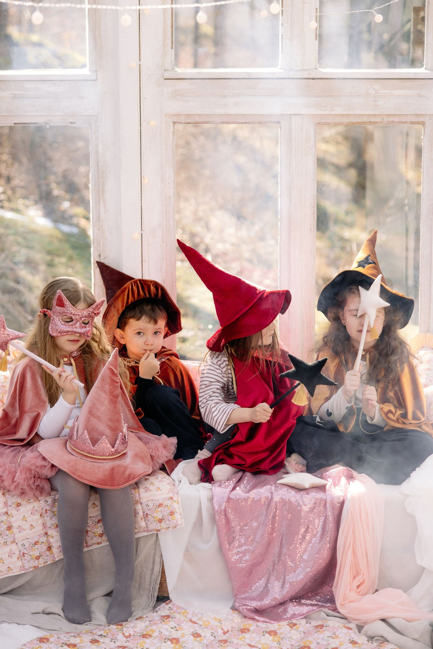 Magical play scene: Toddler with the Pink sequined cat mask