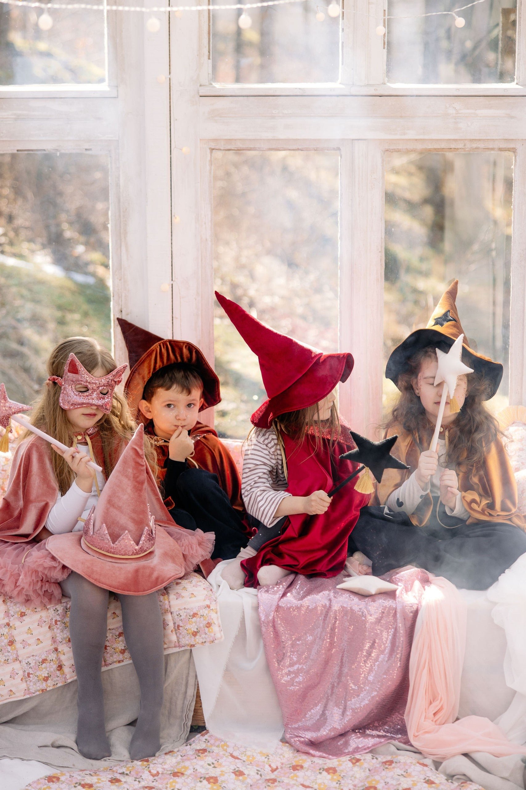 Magical play scene: Toddler with the Pink sequined cat mask