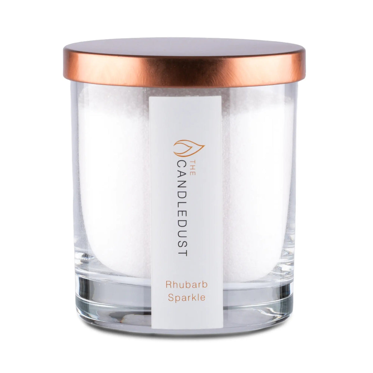 Candledust Champagne Rhubarb scented pearled candle in a 160g glass jar with cotton wick