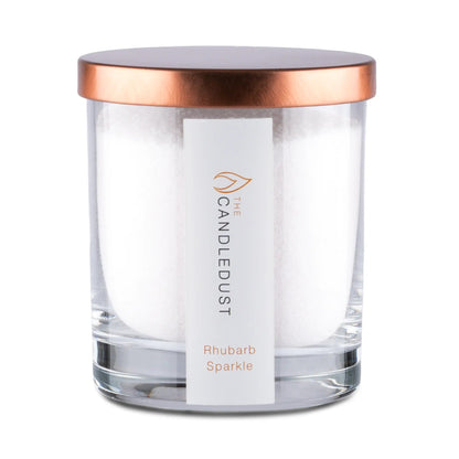 Candledust Champagne Rhubarb scented pearled candle in a 160g glass jar with cotton wick