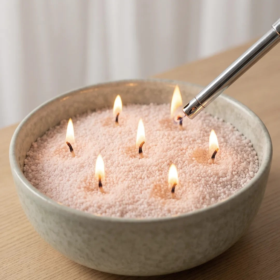 Close-up of a hand lighting the cotton wick of a Champagne Rhubarb pearled sand candle