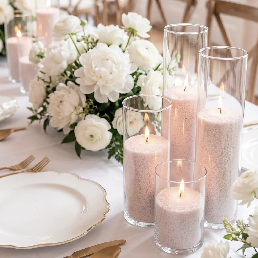 Glass vases of various heights filled with burning Champagne Rhubarb scented pearled candle sand creating a glowing cluster