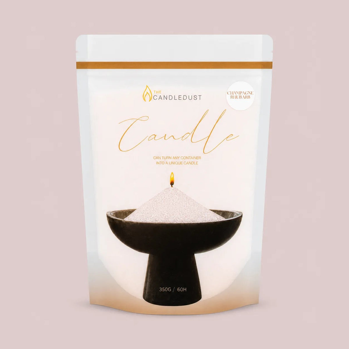 Candledust Champagne Rhubarb scented pearled candle sand in a 350g resealable refill pouch