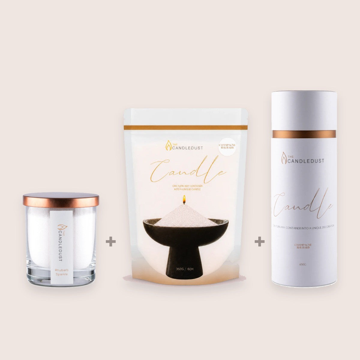 Candledust Champagne Rhubarb Size Trio set including a 160g glass candle, 350g refill pouch, and 650g tube