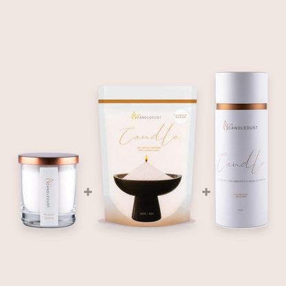 Candledust Champagne Rhubarb Size Trio set including a 160g glass candle, 350g refill pouch, and 650g tube