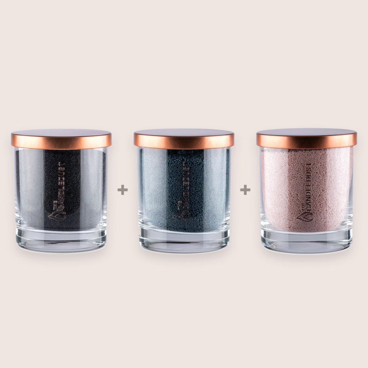 Candledust Classic Unscented Colour Trio set featuring three 160g glass candles in Black, Space Grey, and Nude