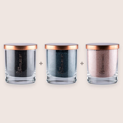 Candledust Classic Unscented Colour Trio set featuring three 160g glass candles in Black, Space Grey, and Nude