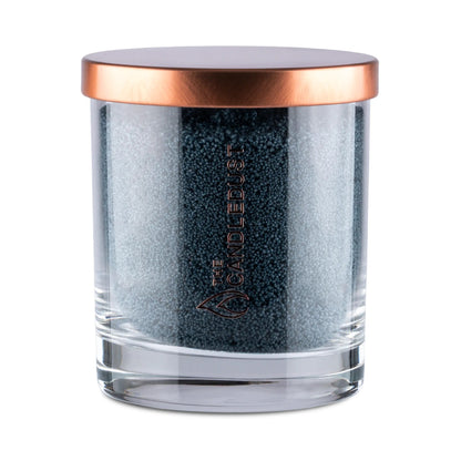 Candledust Space Grey modern unscented pearled candle in a 160g transparent glass jar with natural cotton wick