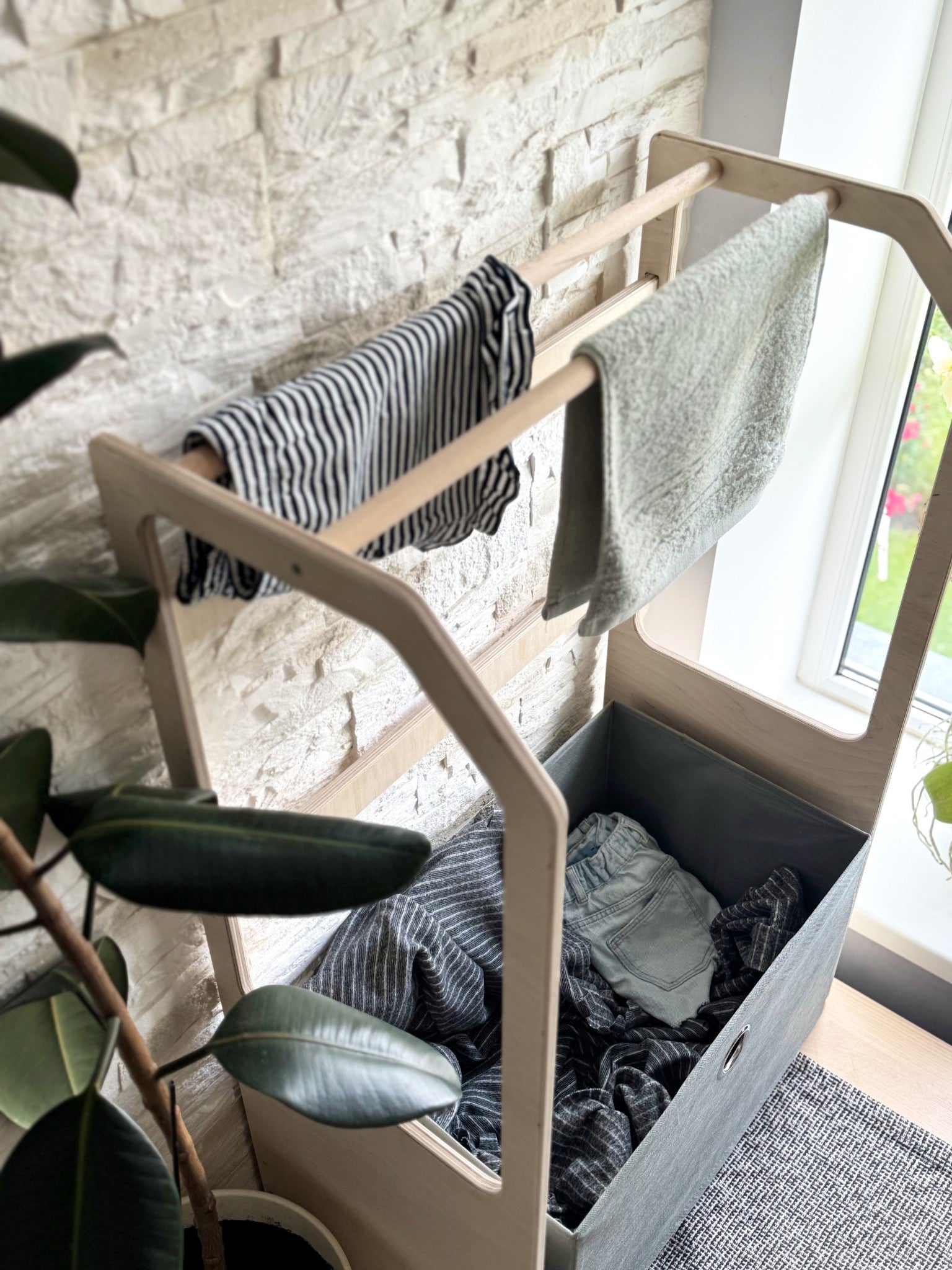 Montessori Wooden Clothes Drying Rack with Green Storage