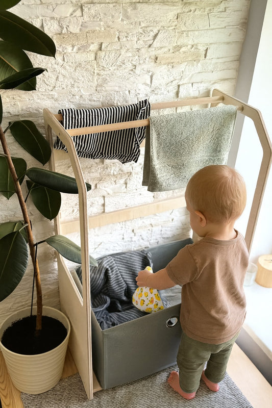 Montessori Wooden Clothes Drying Rack with Beige Storage
