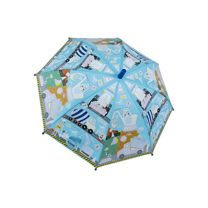 Dry view Floss and Rock Color Changing Umbrella - Construction Site, kids' color-changing umbrella that reveals bright patterns when wet, with a child-safe handle.