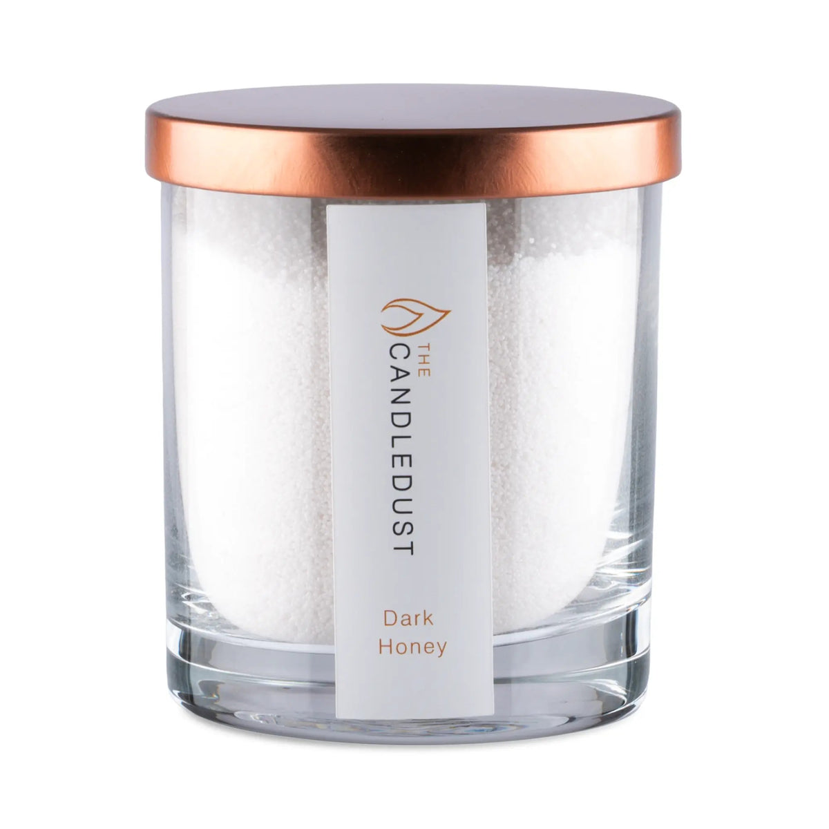 Candledust Dark Honey warm scented pearled candle in a 160g transparent glass jar with natural cotton wick