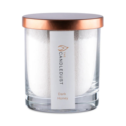 Candledust Dark Honey warm scented pearled candle in a 160g transparent glass jar with natural cotton wick