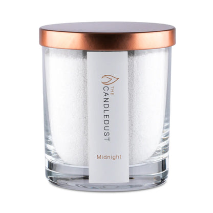 Candledust Midnight rich scented pearled candle in a 160g transparent glass jar with natural cotton wick