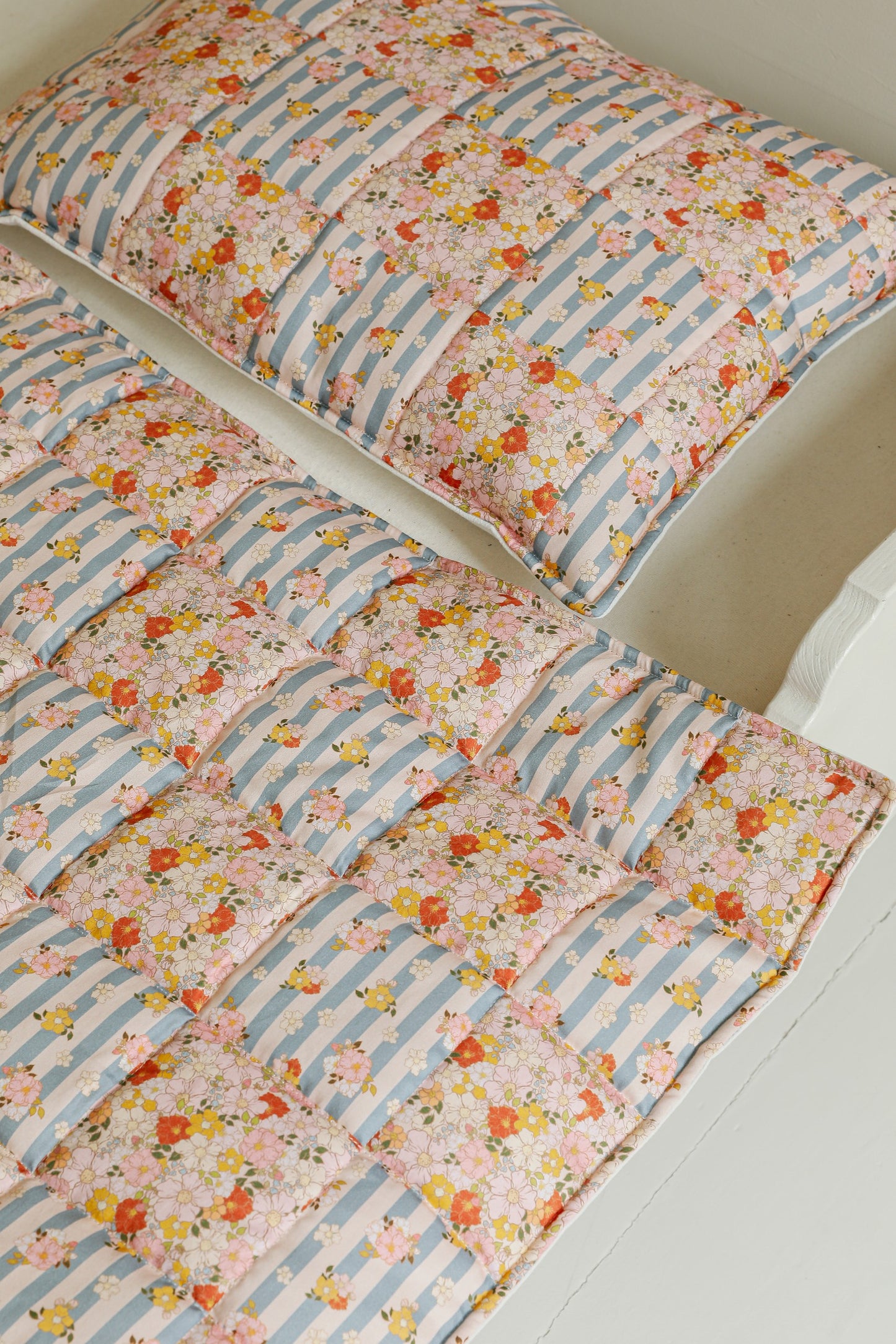 Summer Garden vibrant floral patchwork detail on a small baby blanket