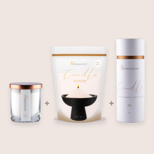 Candledust Dark Honey Size Trio set including a 160g glass candle, 350g refill pouch, and 650g tube