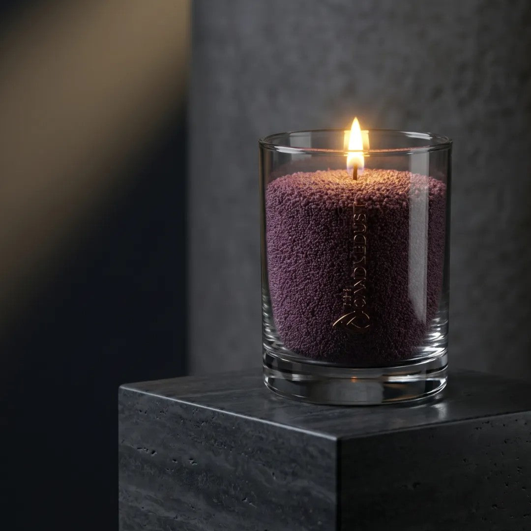 Romantic atmosphere with a Dark Lilac pearled glass candle burning cleanly 