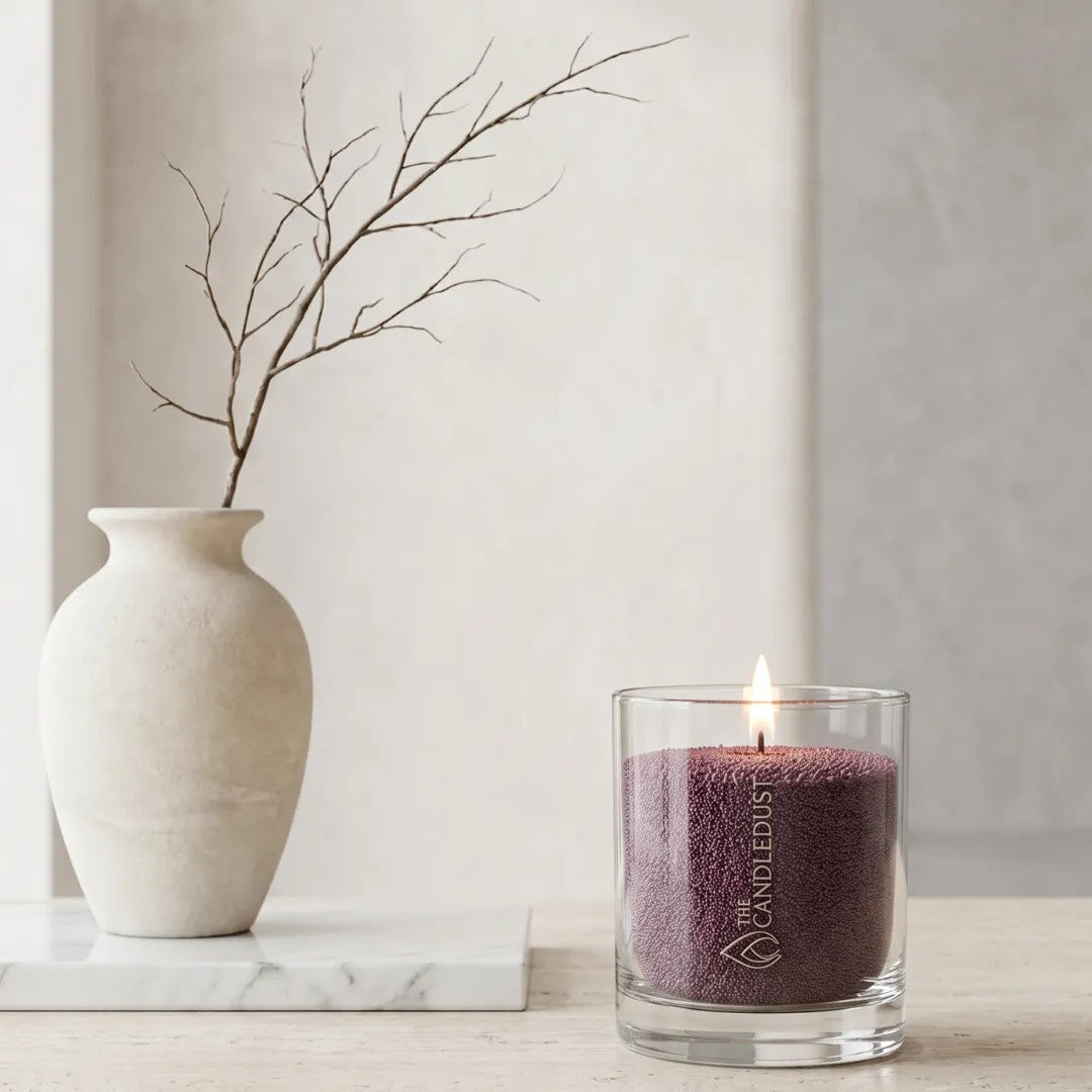 Modern minimalist interior styling featuring an unlit Dark Lilac unscented glass candle displayed near artistic vase