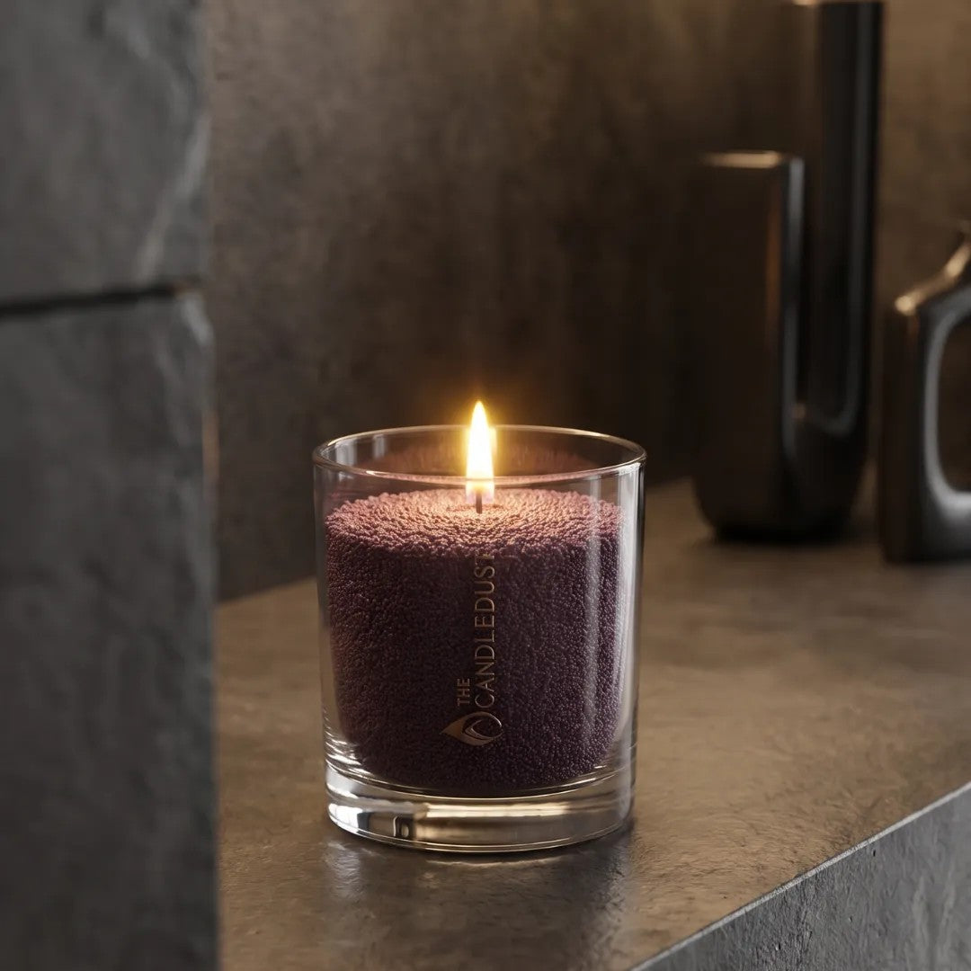 Romantic atmosphere with a Dark Lilac pearled glass candle burning cleanly on a marble countertop