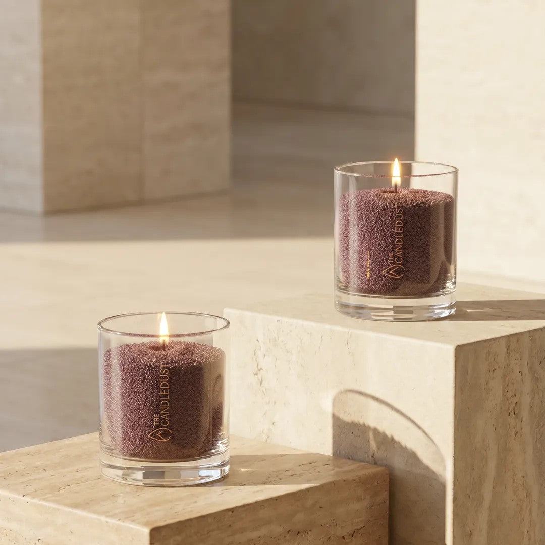 Cozy living room atmosphere with a Dark Lilac pearled glass candle burning cleanly 