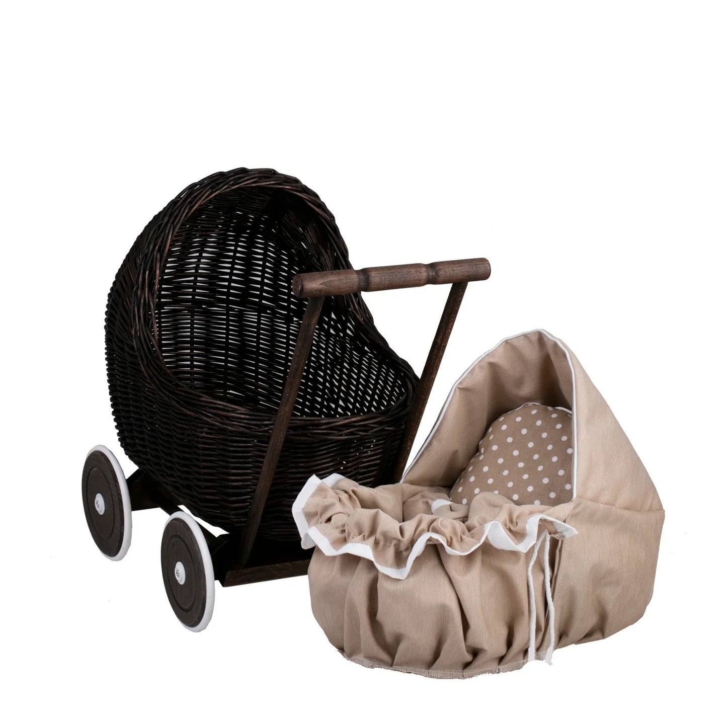Handcrafted dark wicker doll carriage for nursery decor