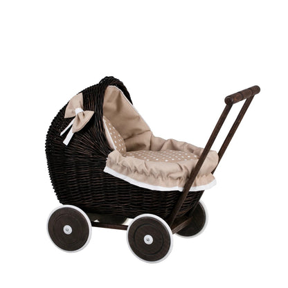 Dark wicker doll pram Lili with beige bedding handmade