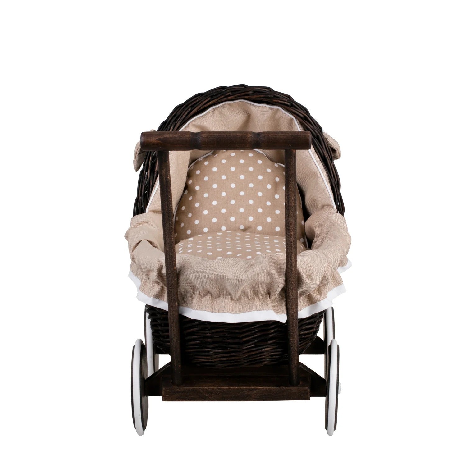 Inside view of Sustainable dark wicker toy pram for pretend play