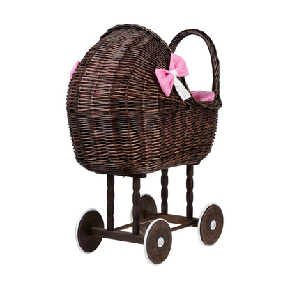 Dark wicker doll stroller Lena with pink bedding Front view