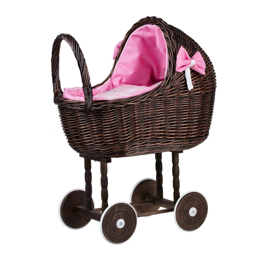 Dark wicker doll stroller Lena with pink bedding