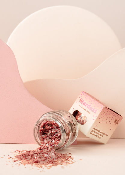 Detail of the glass jar packaging for Rose Star Dust glitter