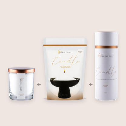 Candledust Diamond Dust Size Trio set including a 160g glass candle, 350g refill pouch, and 650g tube