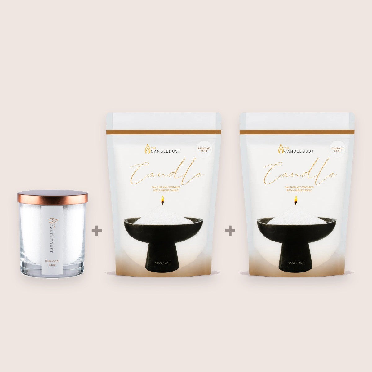 Candledust Diamond Dust Starter Set including a 160g glass candle and two 350g pearled candle sand refill pouches