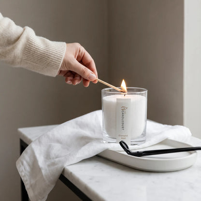 Close-up of a woman's hand lighting the cotton wick of a Diamond Dust scented pearled sand candle in glass