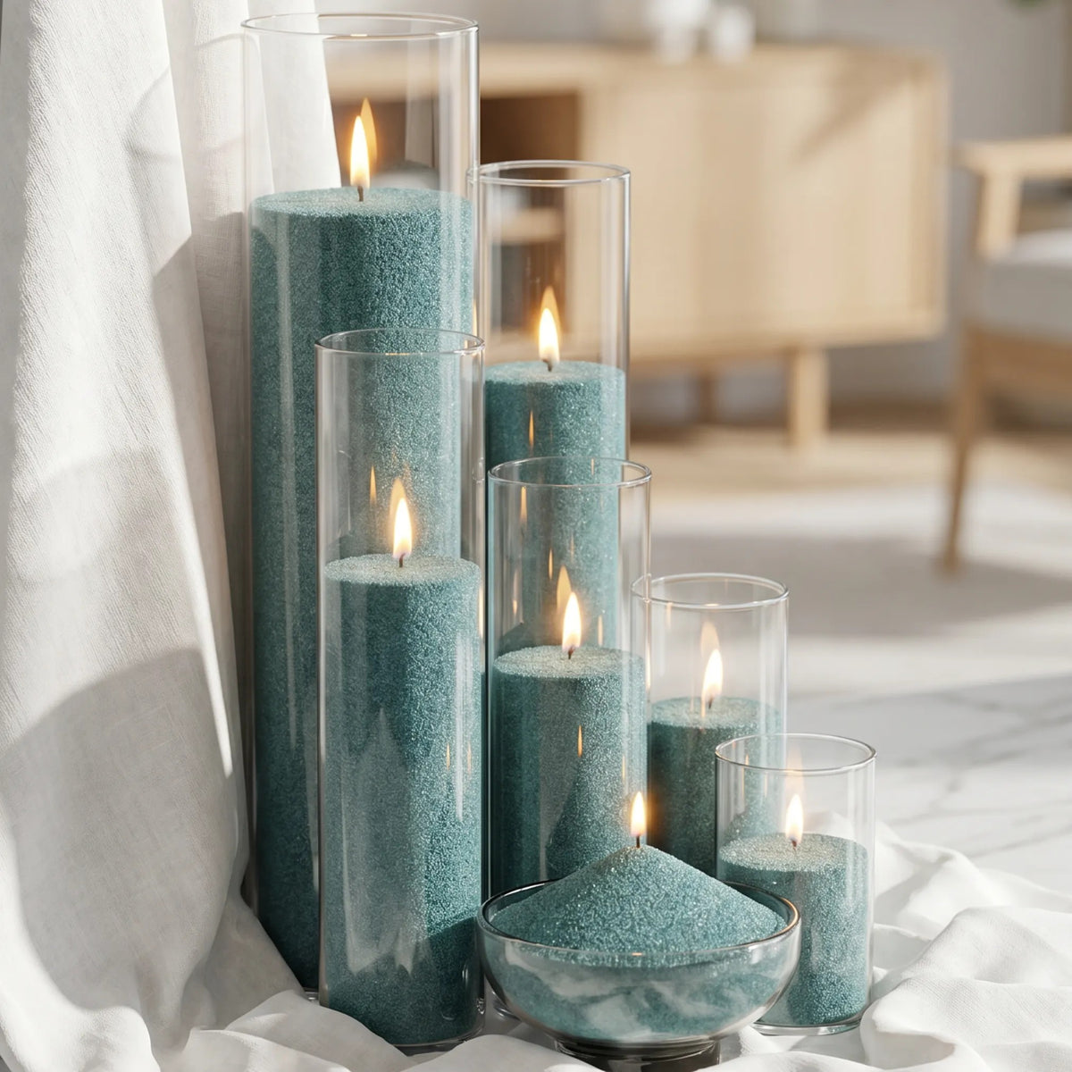 Glass vases of various heights filled with burning Emerald pearled candle sand creating a glowing cluster