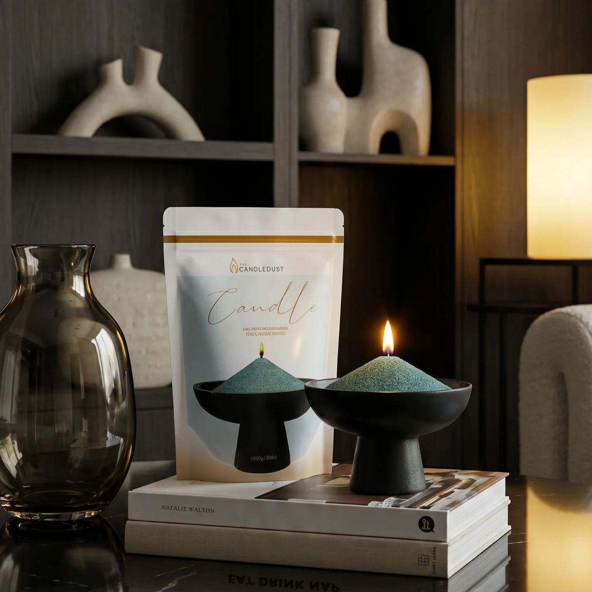 Cozy living room atmosphere with an Emerald pearled sand candle burning cleanly on a wooden ttable
