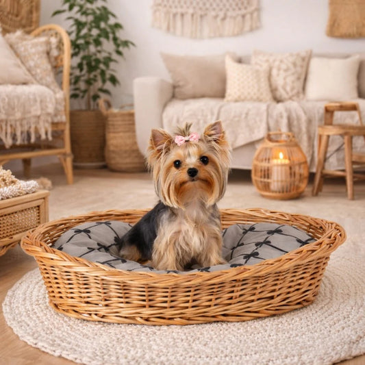 Enovia Natural Wicker Dog Bed With Grey Cushion, 80x60 cm
