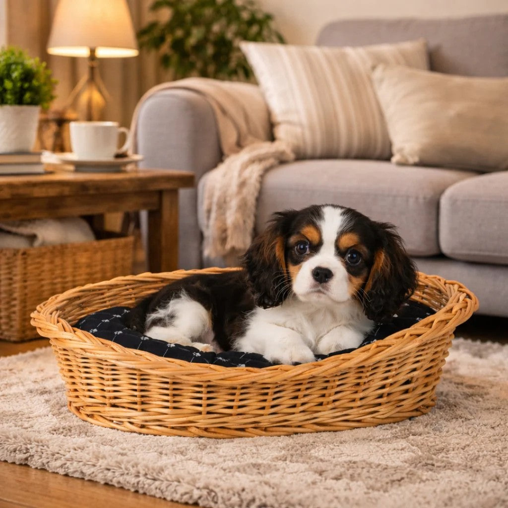 Enovia Natural Wicker Dog Bed With Black Cushion, 80x60 cm